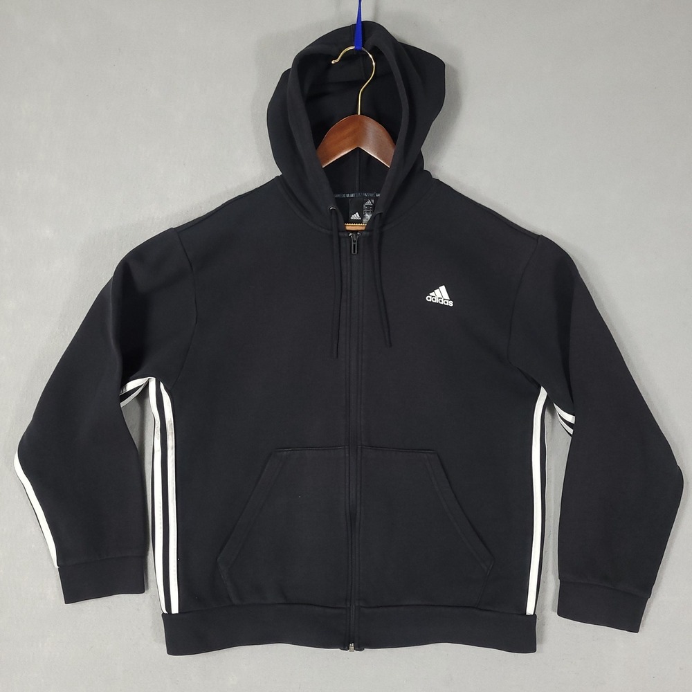 Adidas Full Zip Hoodie Mens Large Black 3-Stripe Regular Fit Fleece DX7657